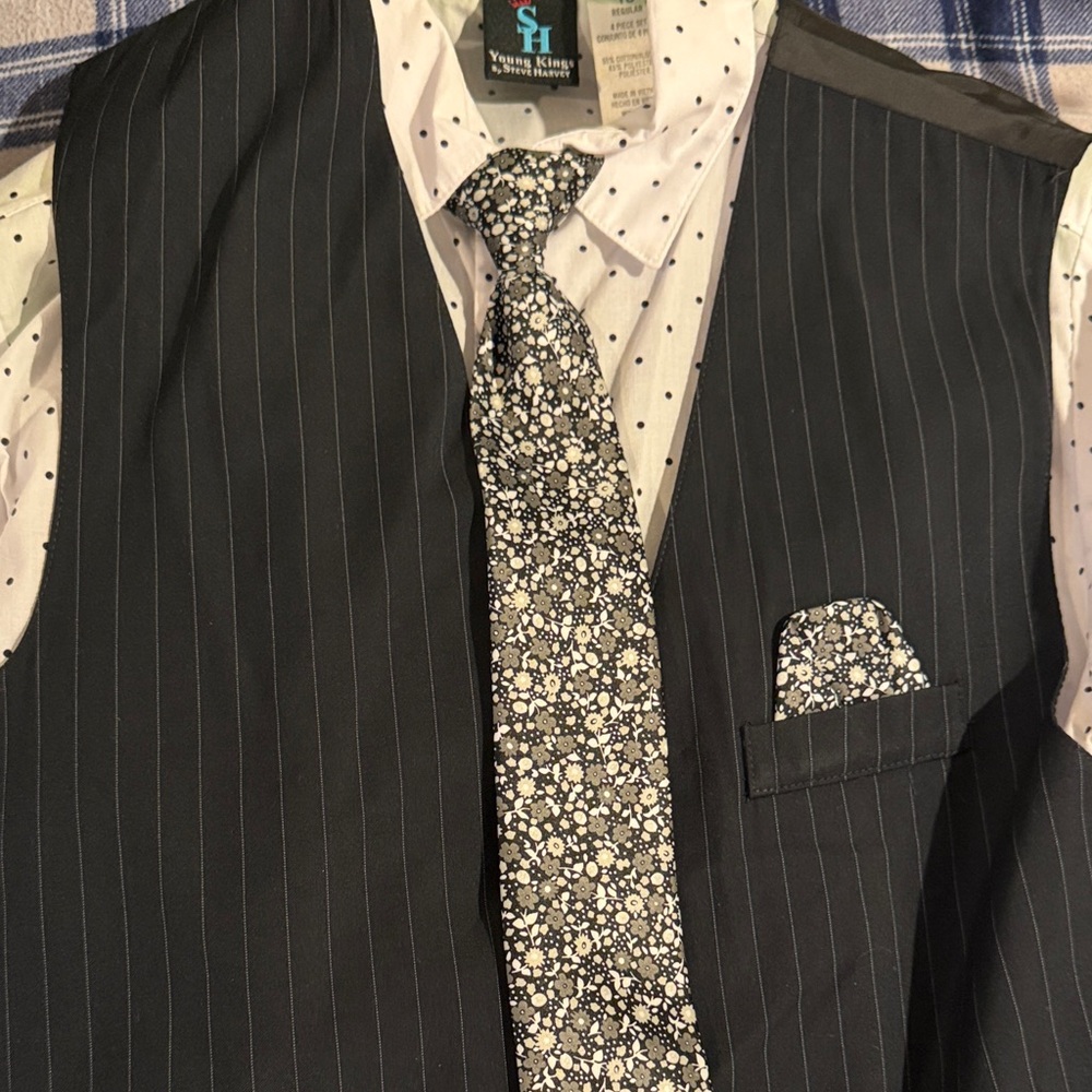 Striped Black Pinstripe Vest with Floral Tie and Pocket Square